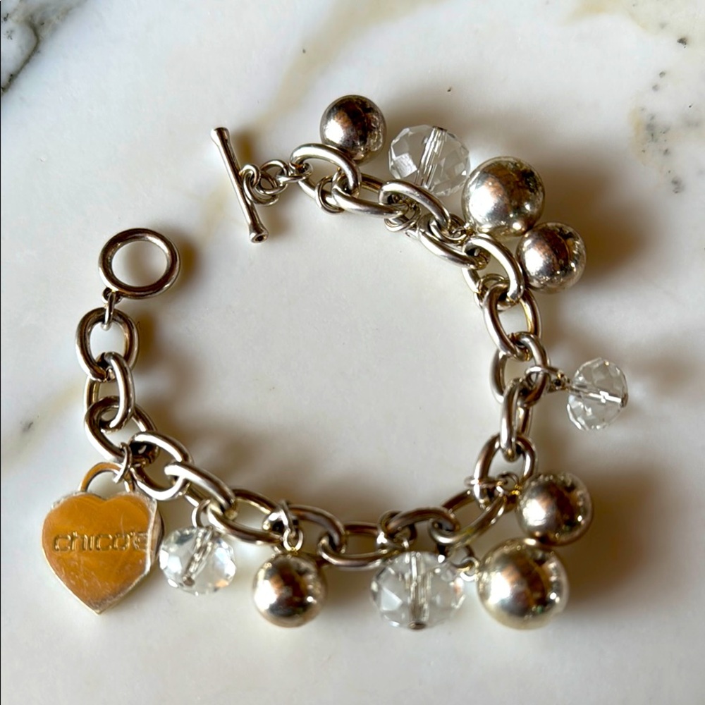 Chico’s Silver Tone Crystal Charm Bracelet Heart Pendant NWOT